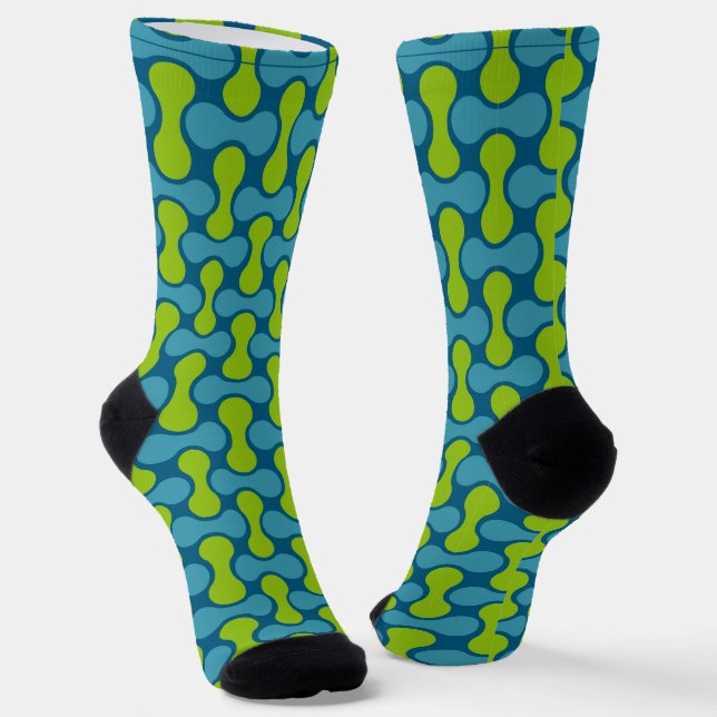 Modern Retro Link Pattern in Blue and Green Socks (Angled)