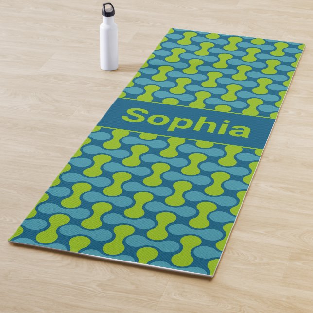 Modern Retro Link Pattern in Blue and Green Yoga Mat (In Situ)