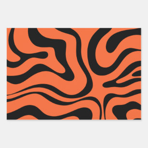 Modern Retro Liquid Swirl Abstract Black Orange Wrapping Paper Sheet
