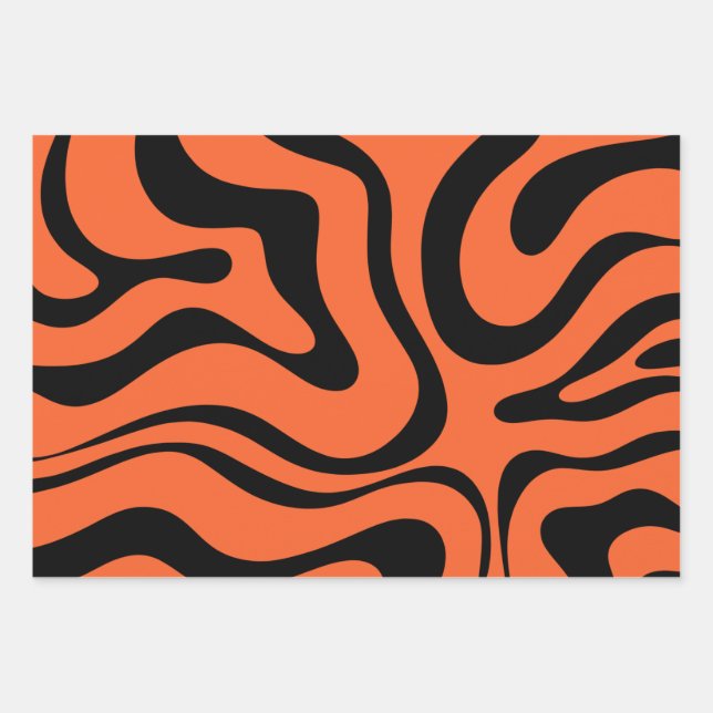 Modern Retro Liquid Swirl Abstract Black Orange Wrapping Paper Sheet (Front)