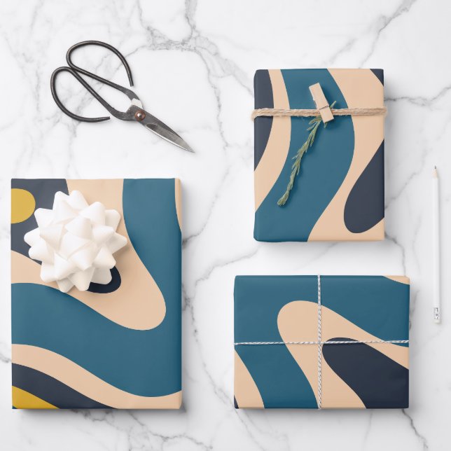 Modern Retro Liquid Swirl Abstract Pattern Blue Wrapping Paper Sheet (Front)