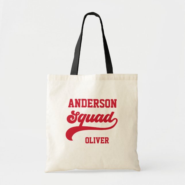 Modern retro matching squad family red white tote bag (Front)