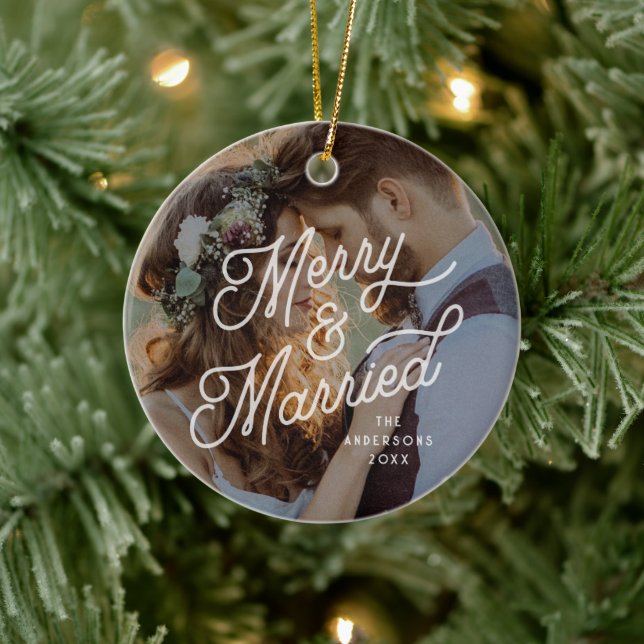 Modern Retro Merry and Married Photo Bold Script  Ceramic Tree Decoration (Tree)