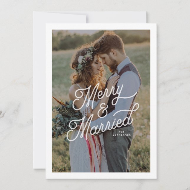 Modern Retro Merry and Married Photo Bold Script  Holiday Card (Front)