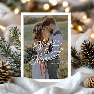 Modern Retro Merry and Married Photo Script Stars  Holiday Card