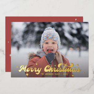 Modern Retro Merry Christmas Photo Snowflakes Foil Holiday Card