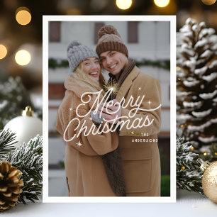Modern Retro Merry Christmas Photo Stars Script Holiday Card