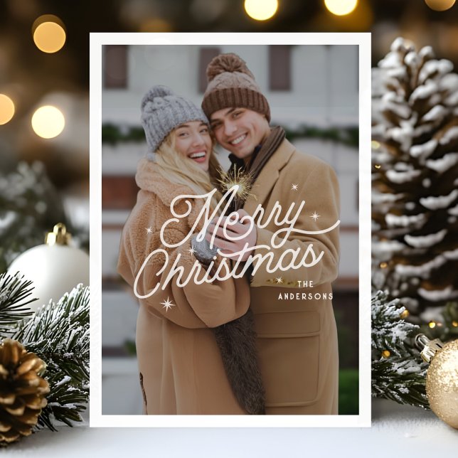 Modern Retro Merry Christmas Photo Stars Script  Holiday Card (Creator Uploaded)