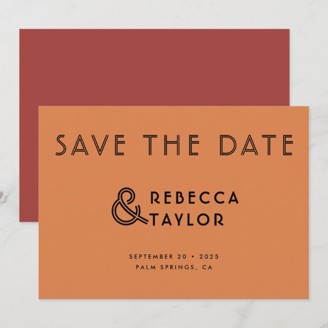 Modern Retro Minimalist Orange Red Wedding Save The Date (Front/Back)