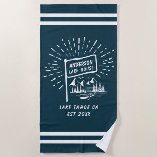 Modern Retro Nautical Family Lake House Navy Blue Beach Towel