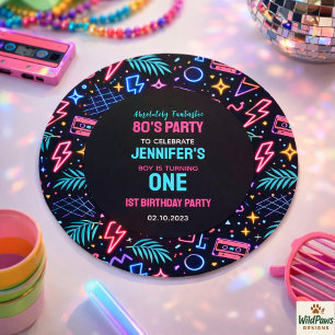 Modern Retro Neon 80’s 1st Birthday Party Classic Round Sticker