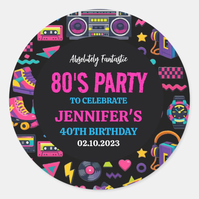 Modern Retro Neon 80’s Birthday Party for Adults Classic Round Sticker (Front)