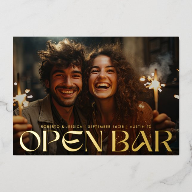 Modern Retro Open Bar Photo Save The Date Gold (Front)