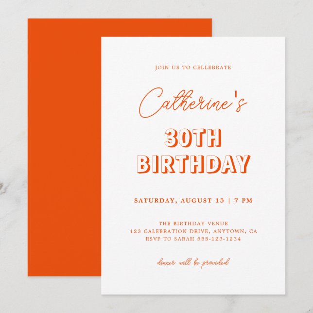 Modern Retro Orange 30th Birthday Party Invitation (Front/Back)