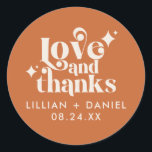 Modern Retro Orange and Cream Wedding Thank You Classic Round Sticker<br><div class="desc">This Modern Retro Orange and Cream Wedding Thank You Classic Round Sticker is a great way to add a little more personalisation to your big day. The colour palette of orange and cream gives this an extra modern,  yet vintage retro look. Say thank you with Love & Thanks.</div>
