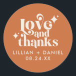 Modern Retro Orange and Cream Wedding Thank You Classic Round Sticker<br><div class="desc">This Modern Retro Orange and Cream Wedding Thank You Classic Round Sticker is a great way to add a little more personalisation to your big day. The colour palette of orange and cream gives this an extra modern,  yet vintage retro look. Say thank you with Love & Thanks.</div>