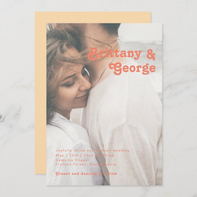Modern Retro | Orange Casual Faded Photo Wedding Invitation (Front/Back)