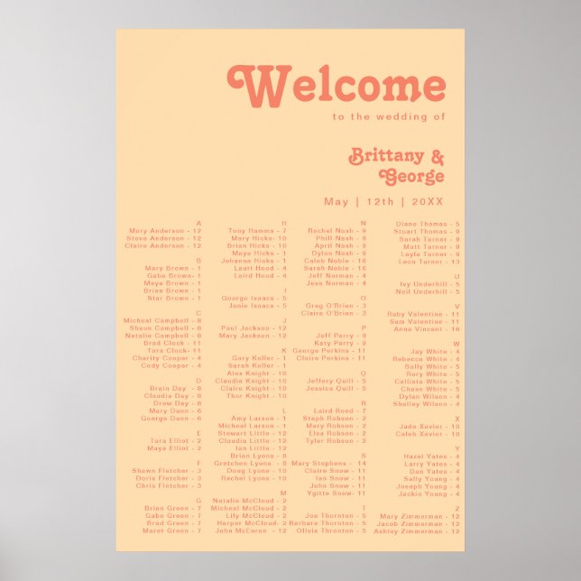 Modern Retro | Orange Cream Alphabetical Seating Poster (Front)