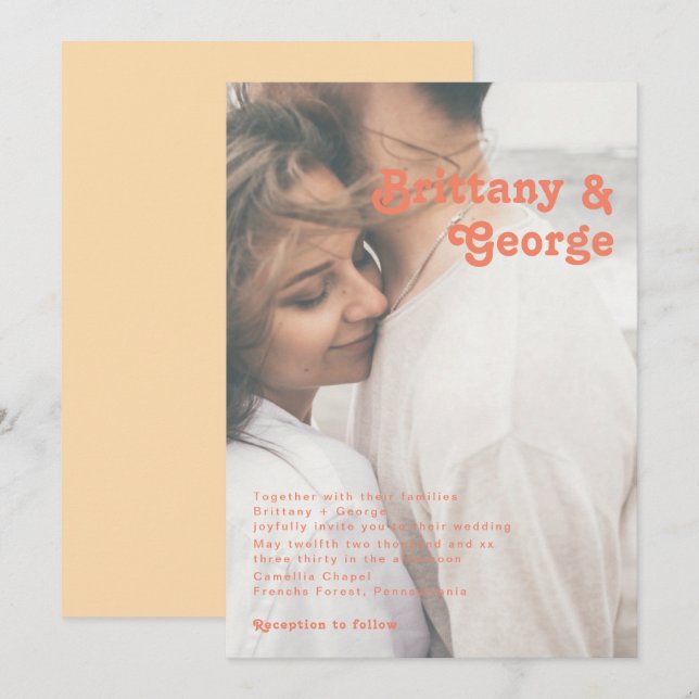 Modern Retro | Orange Cream Faded Photo Wedding Invitation (Front/Back)