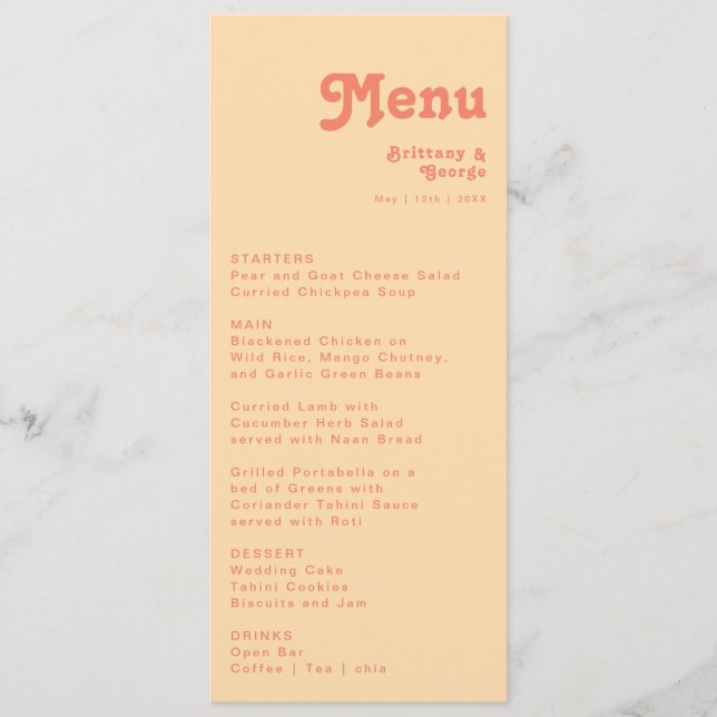 Modern Retro| Orange Cream Wedding Dinner Menu (Front)