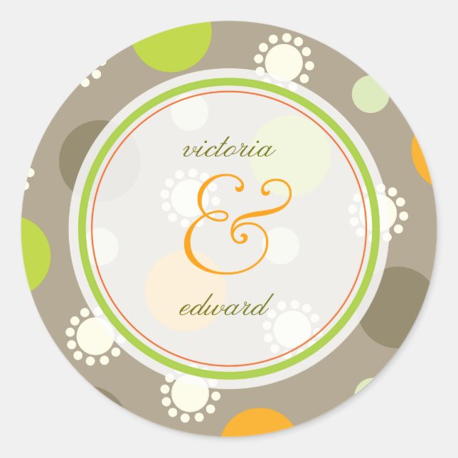 Modern Retro Orange Green Fun Dots Wedding Sticker (Front)