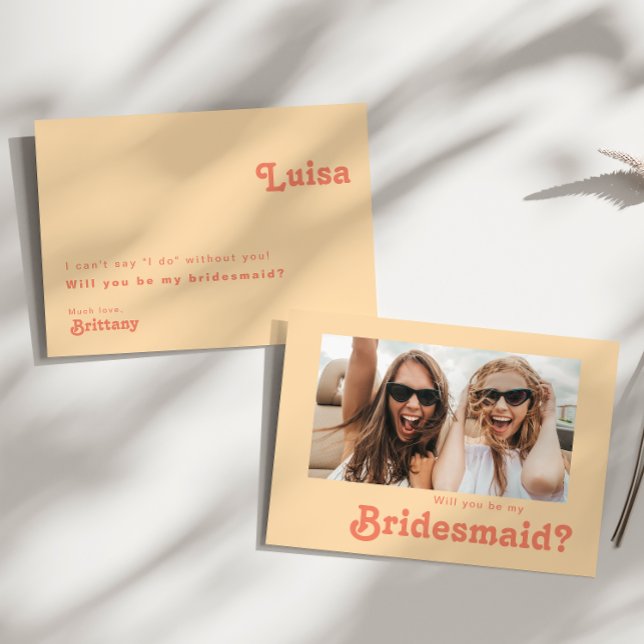 Modern Retro Orange Photo Bridesmaid Proposal Card (Creator Uploaded)
