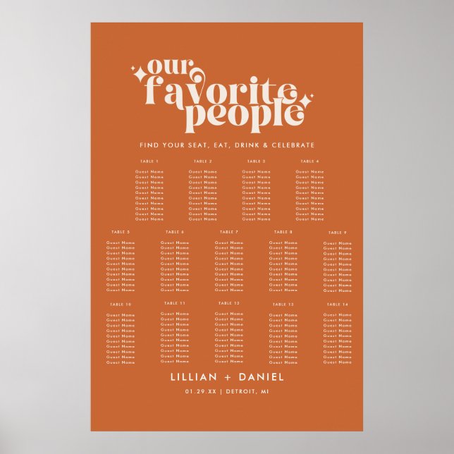 Modern Retro Orange Wedding 14 Table Seating Chart (Front)