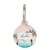 Modern retro palm tree sunset pink blue beach whit