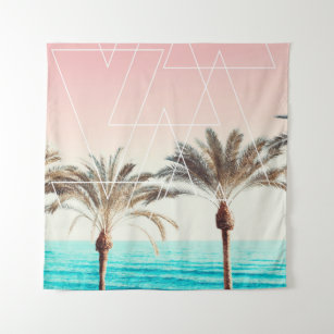 Modern retro palm tree sunset pink blue beach whit tapestry