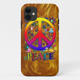 Modern Retro Peace Sign Text Birds & Flowers iPhone 11 Case