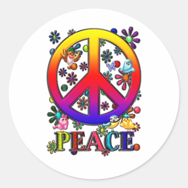 Modern Retro Peace Sign Text Birds & Flowers II Classic Round Sticker (Front)