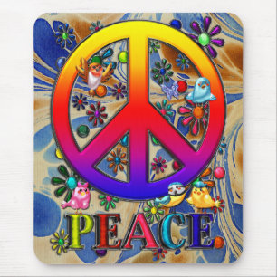 Modern Retro Peace Sign Text Birds & Flowers II Mouse Mat