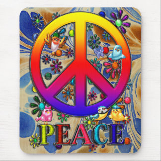 Modern Retro Peace Sign Text Birds & Flowers II Mouse Mat