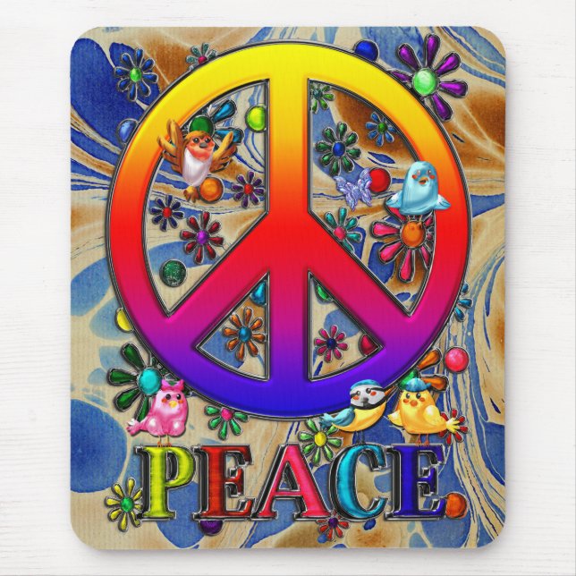 Modern Retro Peace Sign Text Birds & Flowers II Mouse Mat (Front)