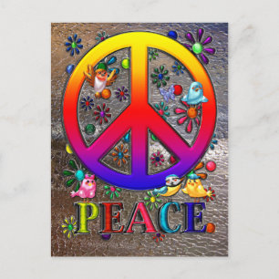 Modern Retro Peace Sign Text Birds & Flowers II Postcard