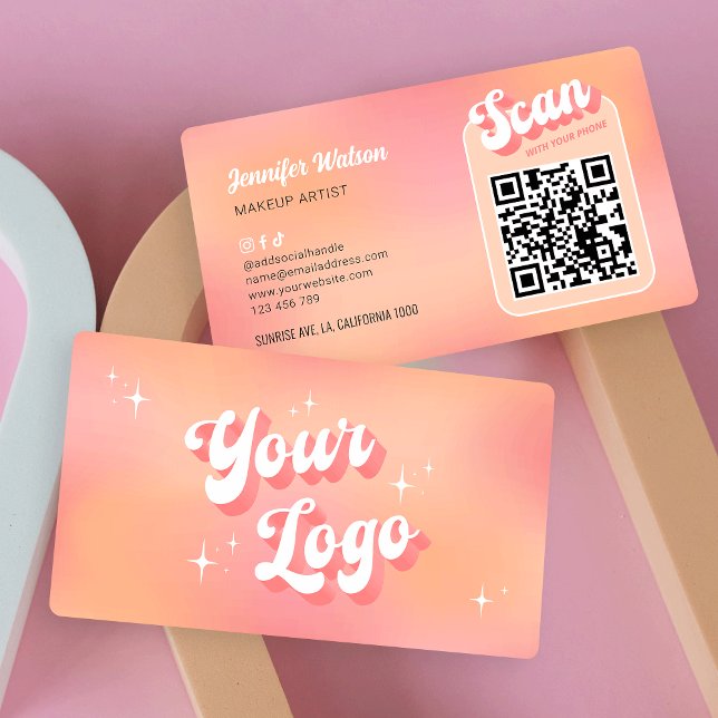 Modern Retro Peach Makeup Lashes Salon QR Code Business Card (Retro QR code business cards with space for your logo, scannable URL code and your contact details)