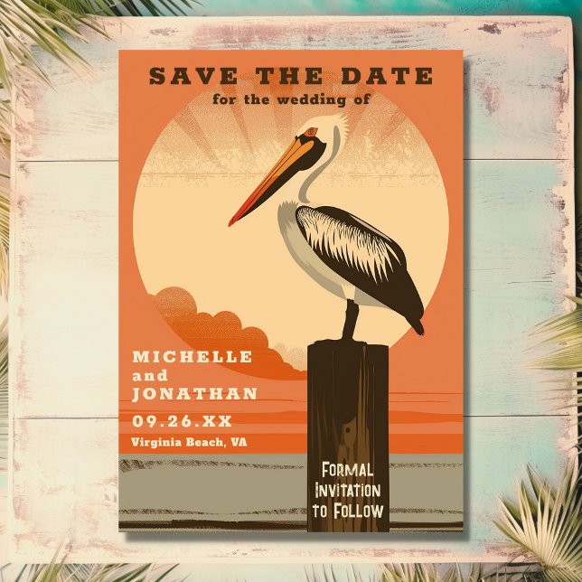 Modern Retro Pelican Beach Wedding Save The Date (Front - Modern Retro Pelican Beach Wedding Save The Date)
