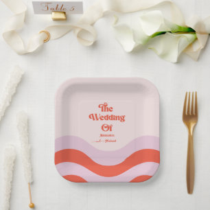 Modern Retro Pink And Orange Typography Wedding Pa Paper Plate