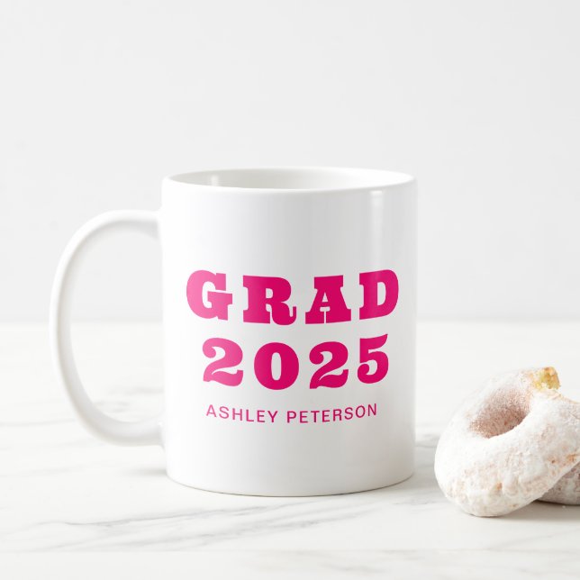 Modern Retro Pink Bold Typography Graduation Coffee Mug (With Donut)