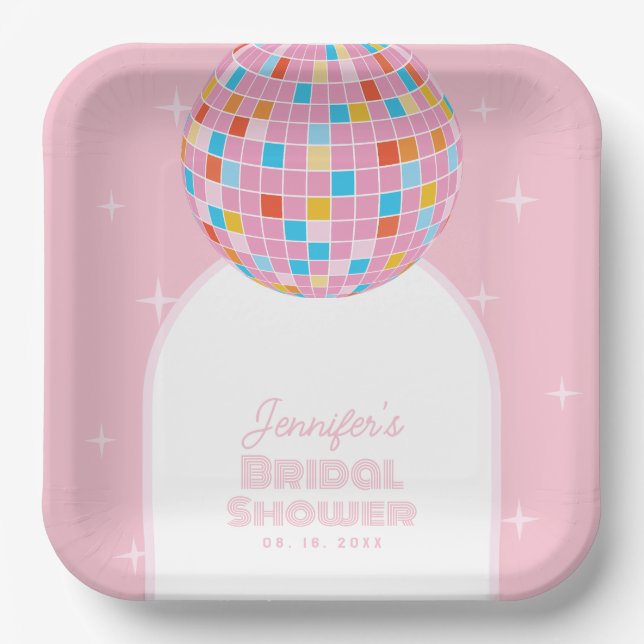 Modern Retro Pink Disco Ball 70s 80s Bridal Shower Paper Plate (Front)