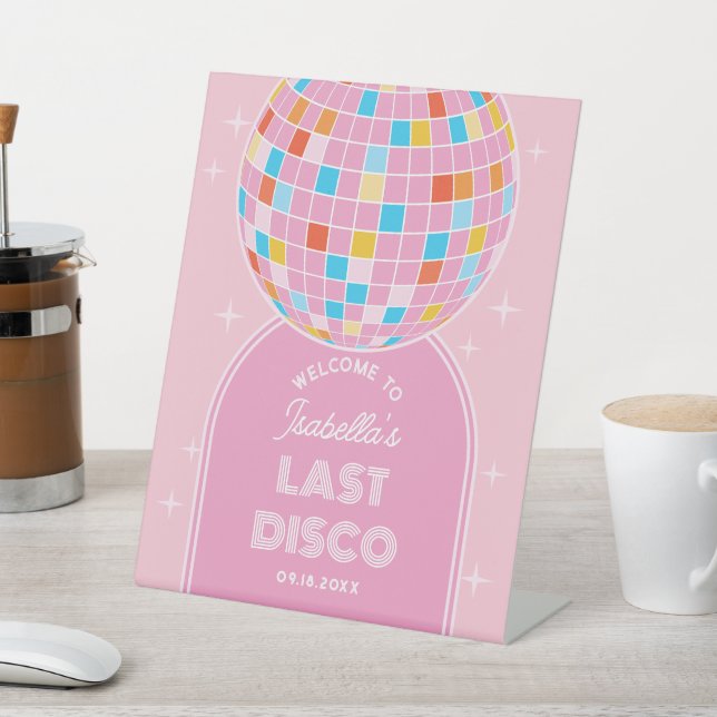 Modern Retro Pink Disco Ball Bachelorette Welcome Pedestal Sign (In SItu)