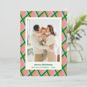 Modern Retro Pink Green Plaid Christmas Photo Holiday Card