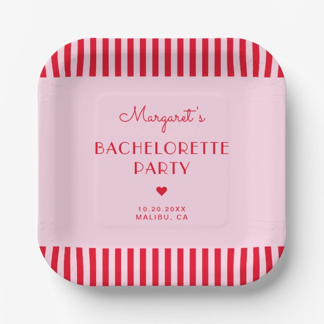 Modern Retro Pink & Red Stripes Bachelorette Party Paper Plate (Front)