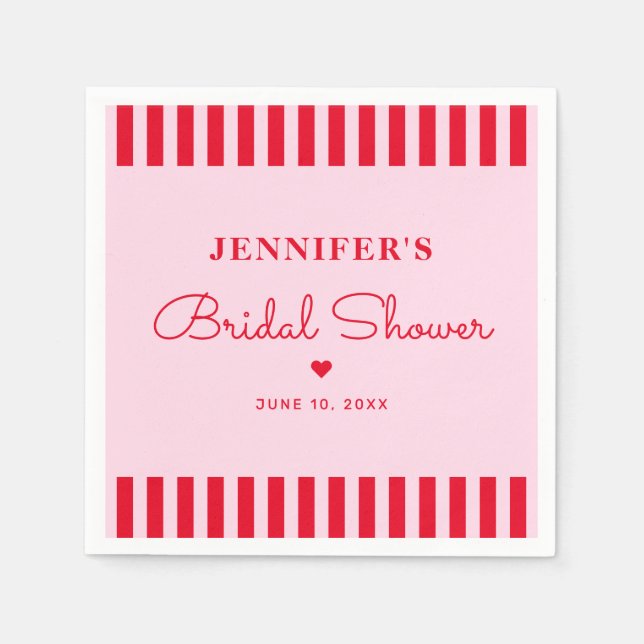 Modern Retro Pink & Red Stripes Bridal Shower Napkin (Front)