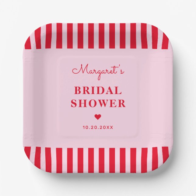 Modern Retro Pink & Red Stripes Bridal Shower Paper Plate (Front)