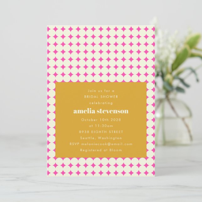 Modern Retro Pink Yellow Dots Bridal Shower Invitation (Standing Front)