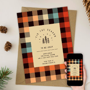 Modern Retro Plaid Vintage Trees Business Holiday Card