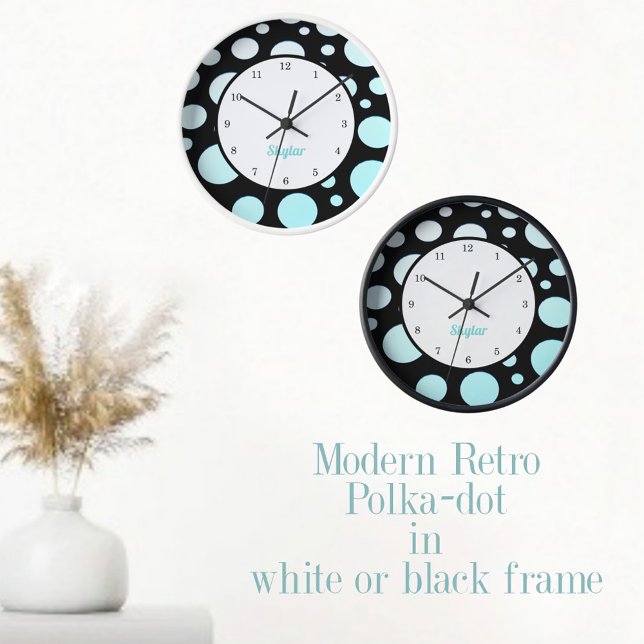 Modern Retro Polka-dots Blue White and Black Clock (Creator Uploaded)