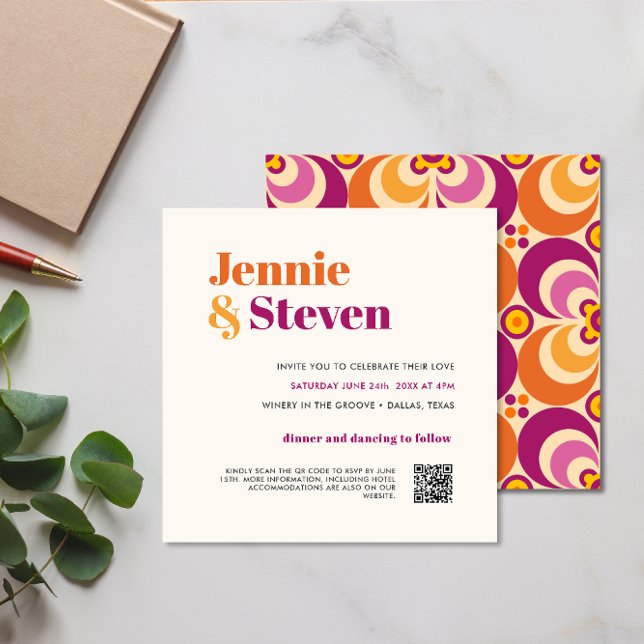 Modern Retro Purple Orange QR CODE ALL IN ONE  Invitation (Creator Uploaded)