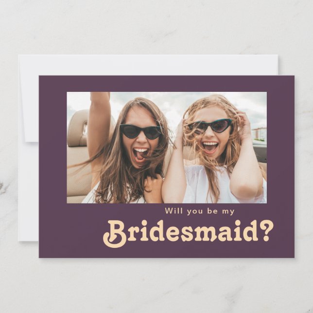 Modern Retro Purple Photo Bridesmaid Proposal Card (Front)